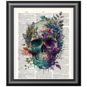 Dictionary art print, Skull and flowers, Gothic home decor, watercolor art