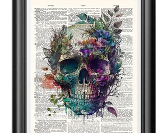 Dictionary art print, Skull and flowers, Gothic home decor, watercolor art