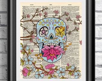 Sugar Skull Tattoo Art Print, Vintage Dictionary Page