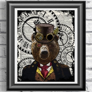 Steampunk Art Print, Steampunk Bear Art Book Page Wall Art Wall Decor Poster, Dandy top hat Bear Poster Dictionary