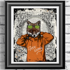 Fox Dictionary book page print hipster animal, Art print on antique book page, wall decor fashion animal, funky fox poster.