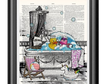Impressão de patos de borracha, patos amarelos e rosa, impressão de arte de dicionário, hora do banho, impressão de arte de livro vintage, decoração de banheiro, pôster de presente