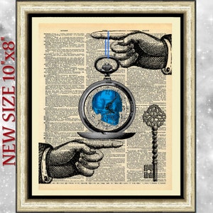 Steampunk Skull Art Print: Blue Skull, Watch, Key on Antique Dictionary Page