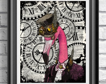 Steampunk Flamingo Print, Dictionary Book Page Art Poster, Dandy Pink Flamingo, Wall Decor, Hispter Animal Print, Top Hat Goggles