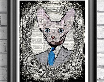 Sphynx Cat Art Print on real antique dictionary book page - Cat in suit wall décor - Wall hanging illustration Cat lovers
