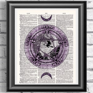 Witch Art Print, Purple Pink Pentagram Wall Art, Witch Wall Hangings, Magical Skull and Runes Wall Decor, Coven Sign, Moon Dictionary Art
