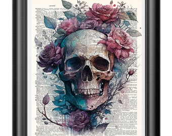 Floral Skull Dictionary Art Print Flowers Pastel Goth Roses Wall Art