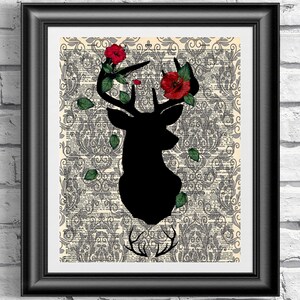 Dictionary art print deer stag and poppies. Art print on antique dictionary book page shabby chic wall decor. Animal and red poppy art.
