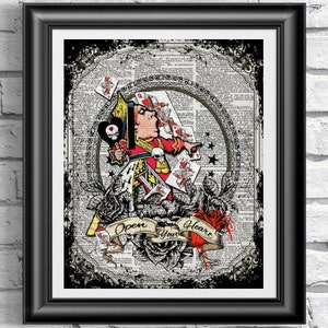 Queen of Hearts Art Print, Alice in Wonderland, Antique Dictionary Page