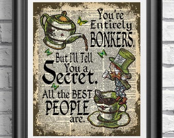 Alice in wonderland book page print, Mad Hatter Quote Bonkers, Teacup and teapot, OOAK Wall Hangings