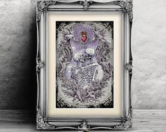Gothic Art Print, Kissing Skeletons Wall Decor, Art Print on Real Antique Dictionary Book Page, Wall Hangings, Anatomical Art