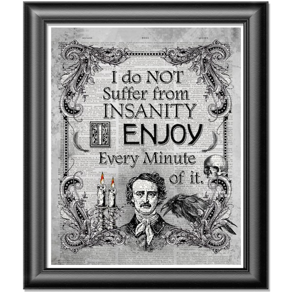 Edgar Allan Poe quote dictionary page art print, Insanity quote, Poe Art Print Gothic Decor