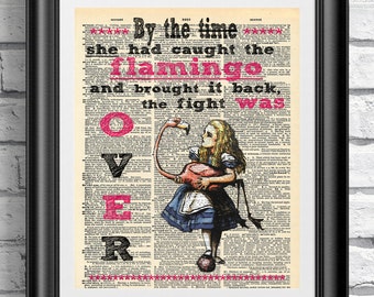 Alice in Wonderland Print: Flamingo on Antique Dictionary Page
