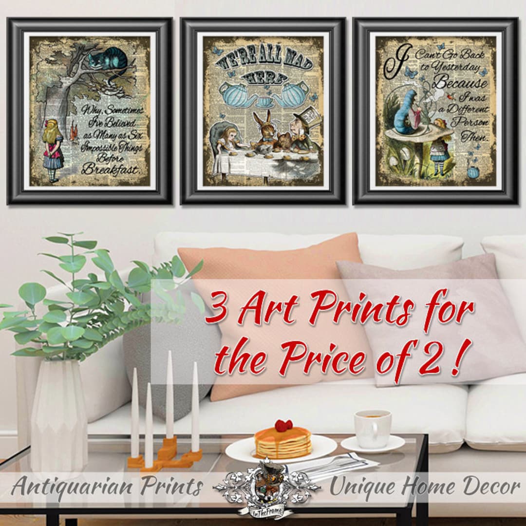 Alice in Wonderland Decor, Set of Prints on Dictionary Book Pages