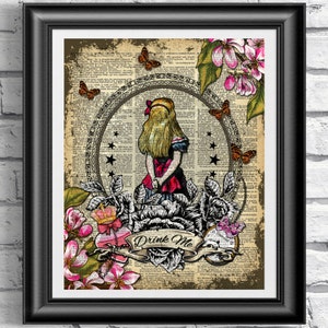 Alice in Wonderland poster, Dictionary book page print, Vintage mixed media artwork, Drink Me Tattoo Style wall decor, Dictionary art print