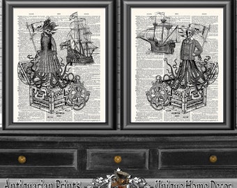 Octopus Boy and Girl Bathroom decor, Art Prints on Antique Dictionary Book Pages, Wall Hangings, Skeletons Gothic Artwork, Wall art Sea