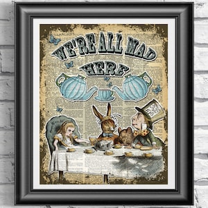 Alice in wonderland book page print, Blue Teapots Print, Mad Print, Mad people Poster Print, Wall decor, Dictionary