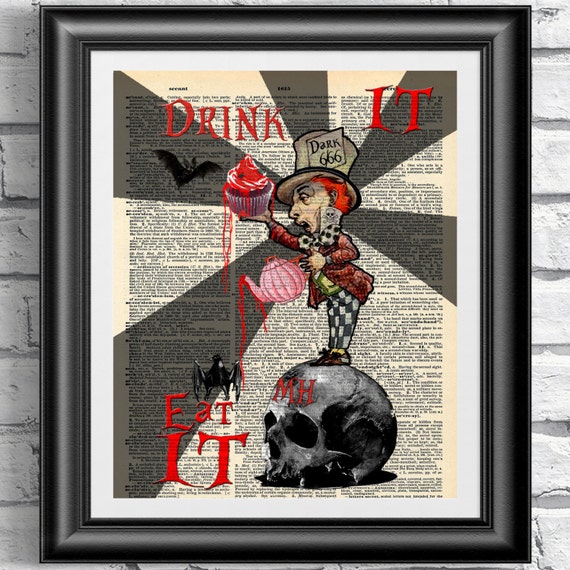 ART PRINT ON ORIGINAL ANTIQUE DICTIONARY BOOK PAGE Alice in Wonderland Picture