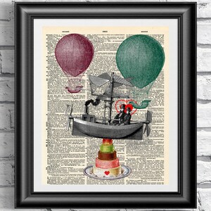 Wedding Art Print: Hot Air Balloons on Antique Dictionary Page
