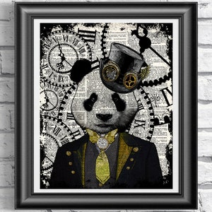 Steampunk Panda Art Print, Panda art print, art print on antique dictionary book page, Wall art panda, panda artwork, Panda Print