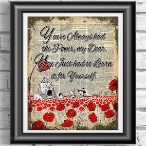 Wizard of Oz Print, Dorothy, Tin Man, The coward Lion, Scarecrow Print, Poppies, Book Page Art, Poster Art, Vintage Dictionary Print