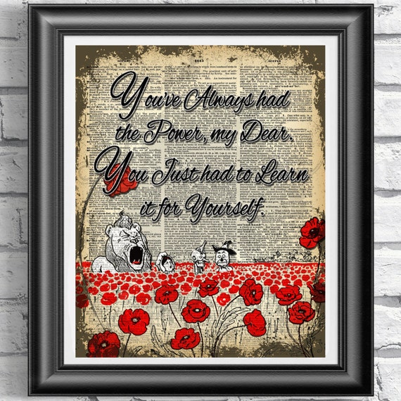 Wizard of Oz Print, Dorothy, Tin Man, The coward Lion, Scarecrow Print, Poppies, Book Page Art, Poster Art, Vintage Dictionary Print