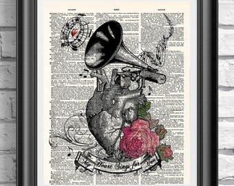 Dictionary book page print Singing Heart, Tattoo Style Wall Art, Love Print Unique Gift Idea Wedding Print Valentine Print