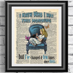 Original Art print on dictionary book page Alice in Wonderland inspirational quotation. Blue version on vintage book page. Wall hanging 8x10