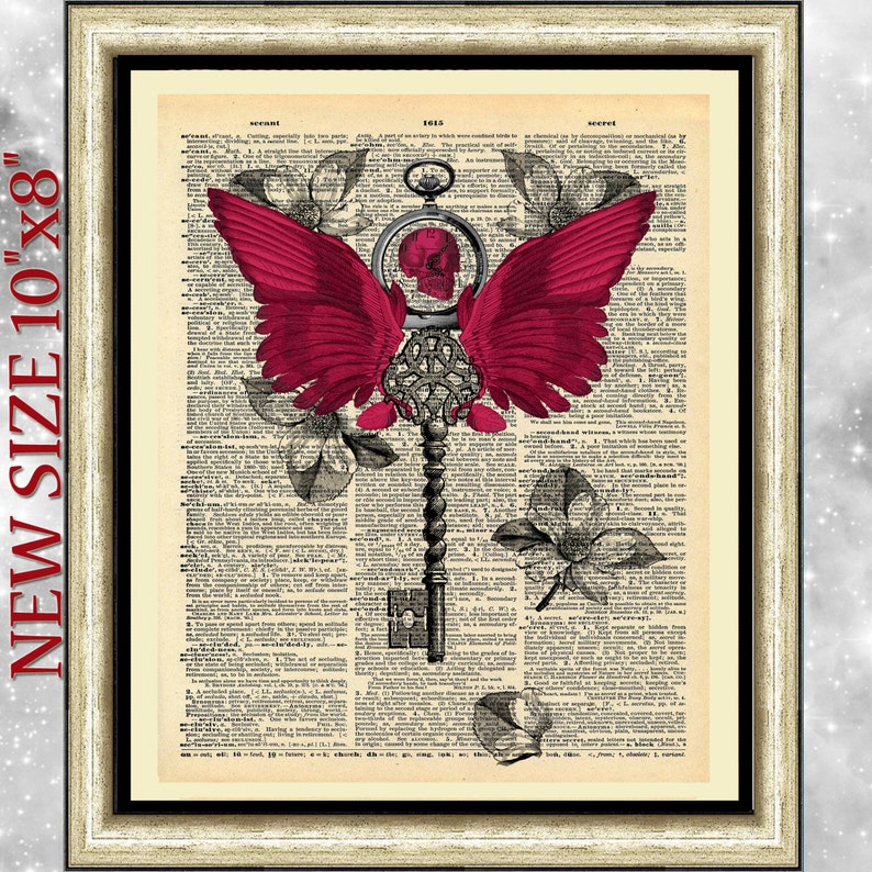 Steampunk key art print on antique book page. Gothic skull