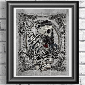 Barber Shop Art Print, Skull, Cut & Shave, Dictionary Art