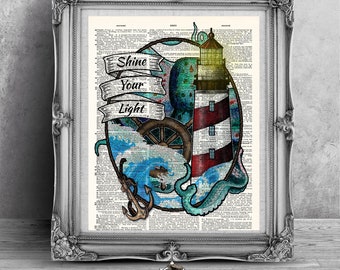 Nautical Print, Octopus print, Art print on antique dictionary book page, Bathroom decor, wall hangings, Tattoo illustration, Light house