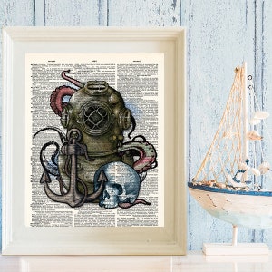 May include: A vintage style illustration of a diving helmet, anchor, and skull with an octopus tentacle wrapped around the helmet. The illustration is printed on a page of a vintage dictionary.