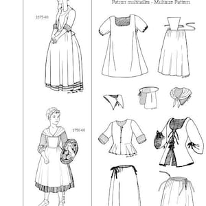 May include: A black and white line drawing of a sewing pattern for a New France Girls dress. The pattern includes a dress, a jacket, a skirt, and a bonnet. The pattern is for sizes 1675-80 and 1750-60. The text on the pattern reads "NFE 1718F Fillettes de la Nouvelle-France New France Girls Patron multitailles - Multisize Pattern".