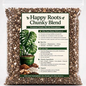 May include: A clear plastic bag filled with Happy Roots Chunky Blend potting mix, featuring a label with a green Monstera plant illustration and text detailing ingredients like bark, perlite, pumice, coco chunks, charcoal, and clay pebbles.