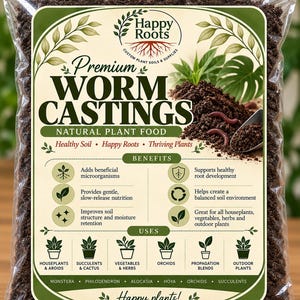 May include: A clear plastic bag filled with dark brown worm castings, labeled Happy Roots Premium Worm Castings Natural Plant Food. The label lists benefits like healthy root development and uses for houseplants, succulents, and vegetables.
