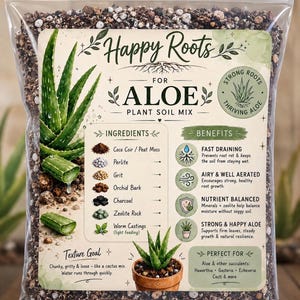 May include: A clear plastic bag filled with dark brown and white granular plant soil mix. The label reads Happy Roots for Aloe Plant Soil Mix and lists ingredients including coco coir, perlite, grit, orchid bark, charcoal, zeolite, and worm castings.