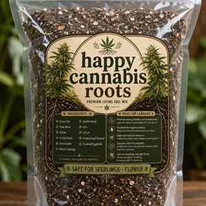 May include: A clear plastic bag filled with dark brown potting soil mix labeled happy cannabis roots premium living soil mix. The label lists ingredients including coco coir, peat moss, perlite, orchid bark, vermiculite, worm castings, zeolite rock, grit, LECA, horticultural charcoal, and crushed eggshells.