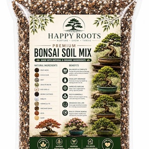 May include: A clear plastic bag filled with premium bonsai soil mix, featuring a label with the text Happy Roots, Premium Bonsai Soil Mix, and a list of natural ingredients including peat moss, coco coir, grit, zeolite rock, and perlite.