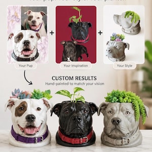 May include: Custom painted dog planters in white, black, and gray, each with a different colored collar and a plant growing from the top. The text reads "CUSTOM PAINTED" and "Your pup. Your style. Your planter."