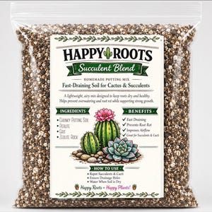 May include: A clear plastic bag filled with a chunky, dark brown and white potting mix. The label reads Happy Roots Succulent Blend, listing ingredients like perlite and zeolite rock, with illustrations of green cacti and a succulent plant.