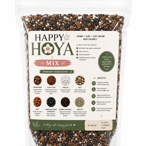May include: A clear plastic bag filled with Happy Hoya Mix, a chunky, fast-drying potting substrate. The label lists ingredients including orchid bark, coco coir, perlite, grit, leca, horticultural charcoal, worm castings, and zeolite. Net weight 2 lbs.