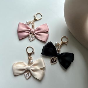 Satin Bow Bag Charm and Keychain – Elegant Accessory with Pearl & Heart Pendant