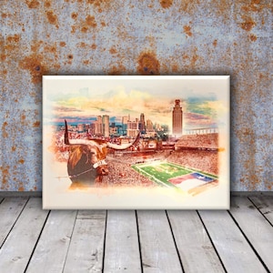 Game Day Austin Skyline, University of Texas-Dorm room Wall Art - college print, watercolor SEC college, high school graduation gift, alumni