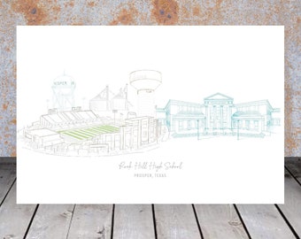 Rock Hill High School, Prosper Texas building, stadium, water towers, silos Art - glicee print, line drawing, high school graduation gift