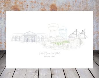 Walnut Grove High School, Prosper Texas building, stadium, water towers, silos Art - glicee print, line drawing, high school graduation gift