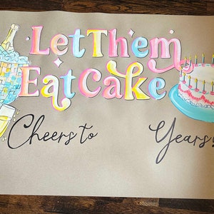 Listo para enviar-personalizable-Déjalos comer pastel, pancarta de fiesta de cumpleaños disco de champán, pancarta de papel pintado de carnicero/marrón