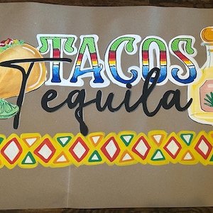 Listo para enviar - Tacos de tequila, tema de fiesta, fiesta del cinco de mayo, pancarta de papel marrón/carnicero pintada a mano