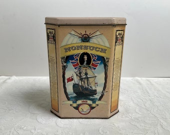 Vintage NONSUCH Cookie Tin with hinged lid, Hudson's Bay Co octagonal tin box, Commemorative tin, Historic Canada tin