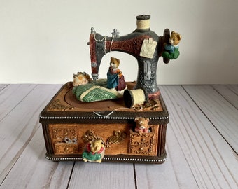 Vintage Music Box Sewing Machine  with spinning Bears