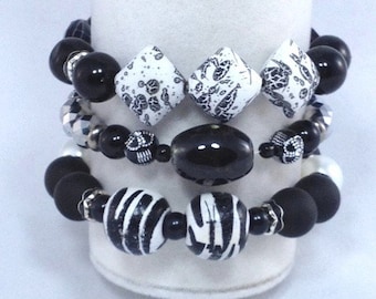 Black White Silver 3 Piece Stack Bracelet Set